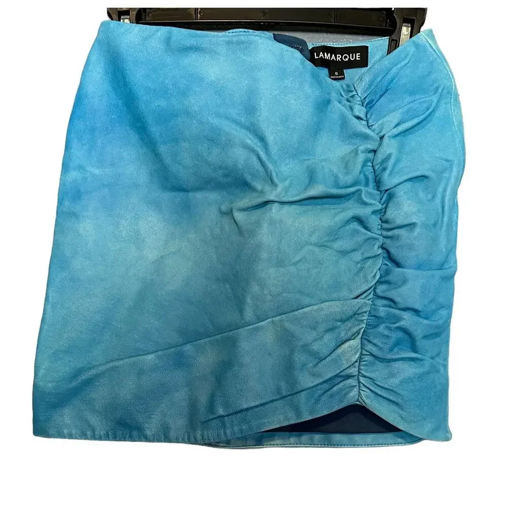 Lamarque Blue Real Leather Micro Mini Skirt Size 0 Ruched Concert Designer $375 - Picture 4 of 8